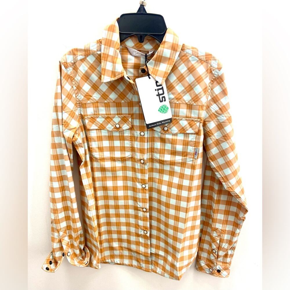 Stio Orange Plaid Gorpcore Eddy Water Resistant UPF Pearl Snap Shirt Top S NWT